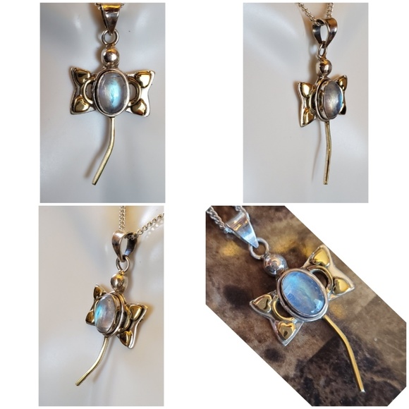 Genuine 3ct Rainbow Moonstone Dragonfly Pendant - Picture 3 of 6